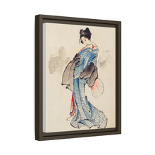 Woman, Full-Length Portrait, Standing, Facing Left, Holding Fan in Right Hand, Wearing Kimono with Check Design by Katsushika Hokusai (1760-1849), a traditional Japanese Ukyio-e style illustration of a Japanese woman in kimono. - NOMADEN ART GALLERY