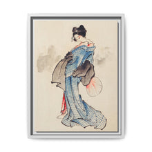 Woman, Full-Length Portrait, Standing, Facing Left, Holding Fan in Right Hand, Wearing Kimono with Check Design by Katsushika Hokusai (1760-1849), a traditional Japanese Ukyio-e style illustration of a Japanese woman in kimono. - NOMADEN ART GALLERY