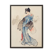 Woman, Full-Length Portrait, Standing, Facing Left, Holding Fan in Right Hand, Wearing Kimono with Check Design by Katsushika Hokusai (1760-1849), a traditional Japanese Ukyio-e style illustration of a Japanese woman in kimono. - NOMADEN ART GALLERY