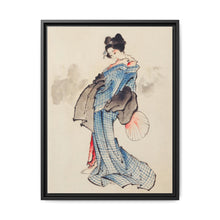 Woman, Full-Length Portrait, Standing, Facing Left, Holding Fan in Right Hand, Wearing Kimono with Check Design by Katsushika Hokusai (1760-1849), a traditional Japanese Ukyio-e style illustration of a Japanese woman in kimono. - NOMADEN ART GALLERY