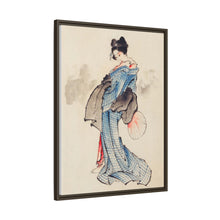 Woman, Full-Length Portrait, Standing, Facing Left, Holding Fan in Right Hand, Wearing Kimono with Check Design by Katsushika Hokusai (1760-1849), a traditional Japanese Ukyio-e style illustration of a Japanese woman in kimono. - NOMADEN ART GALLERY