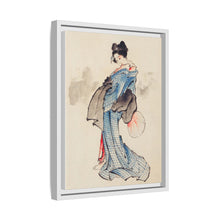 Woman, Full-Length Portrait, Standing, Facing Left, Holding Fan in Right Hand, Wearing Kimono with Check Design by Katsushika Hokusai (1760-1849), a traditional Japanese Ukyio-e style illustration of a Japanese woman in kimono. - NOMADEN ART GALLERY