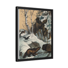 An elk and its young walking through a snowy landscape, with two wolverines watching on. Colour lithograph