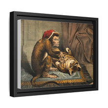 A monkey physician examining a cat patient for fleas. Coloured lithograph
