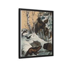 An elk and its young walking through a snowy landscape, with two wolverines watching on. Colour lithograph