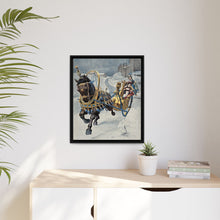A fine horse wearing a gold and blue harness is pulling a golden sleigh carrying a woman with a footman behind. Colour halftone after O. Cortazzo