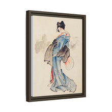 Woman, Full-Length Portrait, Standing, Facing Left, Holding Fan in Right Hand, Wearing Kimono with Check Design by Katsushika Hokusai (1760-1849), a traditional Japanese Ukyio-e style illustration of a Japanese woman in kimono. - NOMADEN ART GALLERY