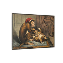 A monkey physician examining a cat patient for fleas. Coloured lithograph