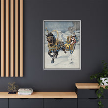 A fine horse wearing a gold and blue harness is pulling a golden sleigh carrying a woman with a footman behind. Colour halftone after O. Cortazzo