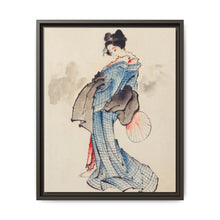 Woman, Full-Length Portrait, Standing, Facing Left, Holding Fan in Right Hand, Wearing Kimono with Check Design by Katsushika Hokusai (1760-1849), a traditional Japanese Ukyio-e style illustration of a Japanese woman in kimono. - NOMADEN ART GALLERY