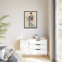 Woman, Full-Length Portrait, Standing, Facing Left, Holding Fan in Right Hand, Wearing Kimono with Check Design by Katsushika Hokusai (1760-1849), a traditional Japanese Ukyio-e style illustration of a Japanese woman in kimono. - NOMADEN ART GALLERY
