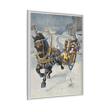 A fine horse wearing a gold and blue harness is pulling a golden sleigh carrying a woman with a footman behind. Colour halftone after O. Cortazzo