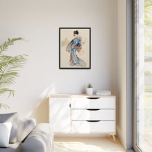 Woman, Full-Length Portrait, Standing, Facing Left, Holding Fan in Right Hand, Wearing Kimono with Check Design by Katsushika Hokusai (1760-1849), a traditional Japanese Ukyio-e style illustration of a Japanese woman in kimono. - NOMADEN ART GALLERY