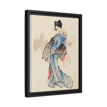 Woman, Full-Length Portrait, Standing, Facing Left, Holding Fan in Right Hand, Wearing Kimono with Check Design by Katsushika Hokusai (1760-1849), a traditional Japanese Ukyio-e style illustration of a Japanese woman in kimono. - NOMADEN ART GALLERY