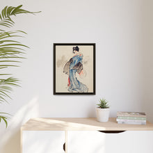 Woman, Full-Length Portrait, Standing, Facing Left, Holding Fan in Right Hand, Wearing Kimono with Check Design by Katsushika Hokusai (1760-1849), a traditional Japanese Ukyio-e style illustration of a Japanese woman in kimono. - NOMADEN ART GALLERY