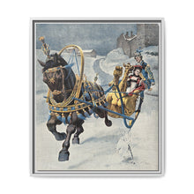 A fine horse wearing a gold and blue harness is pulling a golden sleigh carrying a woman with a footman behind. Colour halftone after O. Cortazzo - NOMADEN ART GALLERY