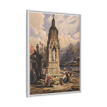 People near a river praying before the figure of a saint on a memorial cross