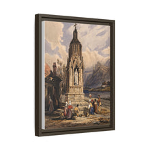 People near a river praying before the figure of a saint on a memorial cross