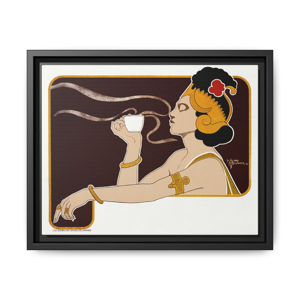 Poster showing woman holding up glass of coffee (Rajah brand) (1897) chromolithograph by Henri Meunier. - NOMADEN ART GALLERY