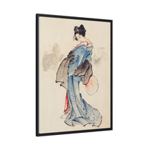 Woman, Full-Length Portrait, Standing, Facing Left, Holding Fan in Right Hand, Wearing Kimono with Check Design by Katsushika Hokusai (1760-1849), a traditional Japanese Ukyio-e style illustration of a Japanese woman in kimono. - NOMADEN ART GALLERY