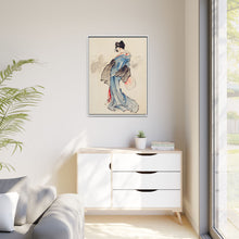 Woman, Full-Length Portrait, Standing, Facing Left, Holding Fan in Right Hand, Wearing Kimono with Check Design by Katsushika Hokusai (1760-1849), a traditional Japanese Ukyio-e style illustration of a Japanese woman in kimono. - NOMADEN ART GALLERY