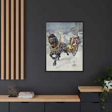 A fine horse wearing a gold and blue harness is pulling a golden sleigh carrying a woman with a footman behind. Colour halftone after O. Cortazzo