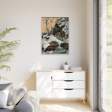An elk and its young walking through a snowy landscape, with two wolverines watching on. Colour lithograph