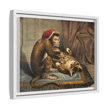 A monkey physician examining a cat patient for fleas. Coloured lithograph