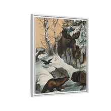 An elk and its young walking through a snowy landscape, with two wolverines watching on. Colour lithograph