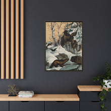 An elk and its young walking through a snowy landscape, with two wolverines watching on. Colour lithograph