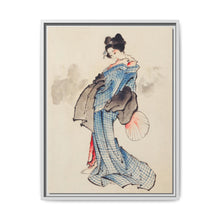 Woman, Full-Length Portrait, Standing, Facing Left, Holding Fan in Right Hand, Wearing Kimono with Check Design by Katsushika Hokusai (1760-1849), a traditional Japanese Ukyio-e style illustration of a Japanese woman in kimono. - NOMADEN ART GALLERY