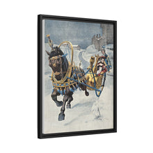 A fine horse wearing a gold and blue harness is pulling a golden sleigh carrying a woman with a footman behind. Colour halftone after O. Cortazzo