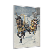 A fine horse wearing a gold and blue harness is pulling a golden sleigh carrying a woman with a footman behind. Colour halftone after O. Cortazzo