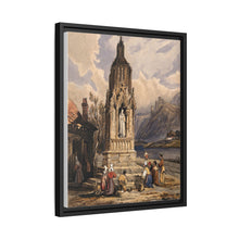People near a river praying before the figure of a saint on a memorial cross