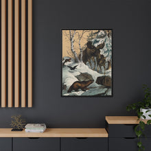 An elk and its young walking through a snowy landscape, with two wolverines watching on. Colour lithograph