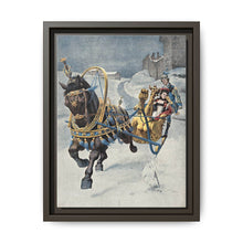 A fine horse wearing a gold and blue harness is pulling a golden sleigh carrying a woman with a footman behind. Colour halftone after O. Cortazzo - NOMADEN ART GALLERY