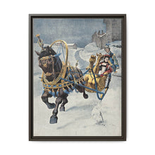 A fine horse wearing a gold and blue harness is pulling a golden sleigh carrying a woman with a footman behind. Colour halftone after O. Cortazzo - NOMADEN ART GALLERY