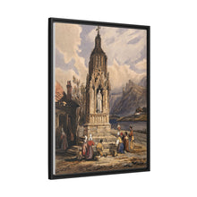 People near a river praying before the figure of a saint on a memorial cross