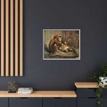A monkey physician examining a cat patient for fleas. Coloured lithograph