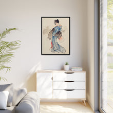 Woman, Full-Length Portrait, Standing, Facing Left, Holding Fan in Right Hand, Wearing Kimono with Check Design by Katsushika Hokusai (1760-1849), a traditional Japanese Ukyio-e style illustration of a Japanese woman in kimono. - NOMADEN ART GALLERY