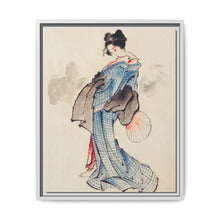 Woman, Full-Length Portrait, Standing, Facing Left, Holding Fan in Right Hand, Wearing Kimono with Check Design by Katsushika Hokusai (1760-1849), a traditional Japanese Ukyio-e style illustration of a Japanese woman in kimono. - NOMADEN ART GALLERY