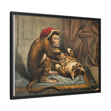 A monkey physician examining a cat patient for fleas. Coloured lithograph