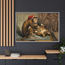 A monkey physician examining a cat patient for fleas. Coloured lithograph
