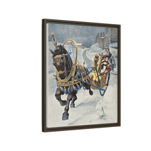 A fine horse wearing a gold and blue harness is pulling a golden sleigh carrying a woman with a footman behind. Colour halftone after O. Cortazzo