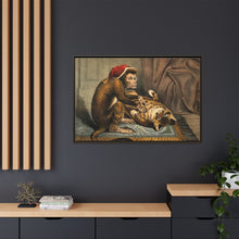 A monkey physician examining a cat patient for fleas. Coloured lithograph