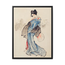 Woman, Full-Length Portrait, Standing, Facing Left, Holding Fan in Right Hand, Wearing Kimono with Check Design by Katsushika Hokusai (1760-1849), a traditional Japanese Ukyio-e style illustration of a Japanese woman in kimono. - NOMADEN ART GALLERY