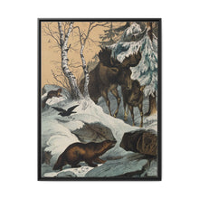 An elk and its young walking through a snowy landscape, with two wolverines watching on. Colour lithograph