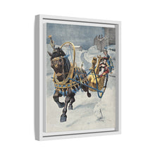 A fine horse wearing a gold and blue harness is pulling a golden sleigh carrying a woman with a footman behind. Colour halftone after O. Cortazzo