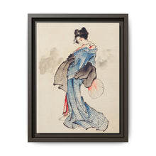 Woman, Full-Length Portrait, Standing, Facing Left, Holding Fan in Right Hand, Wearing Kimono with Check Design by Katsushika Hokusai (1760-1849), a traditional Japanese Ukyio-e style illustration of a Japanese woman in kimono. - NOMADEN ART GALLERY