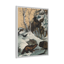 An elk and its young walking through a snowy landscape, with two wolverines watching on. Colour lithograph